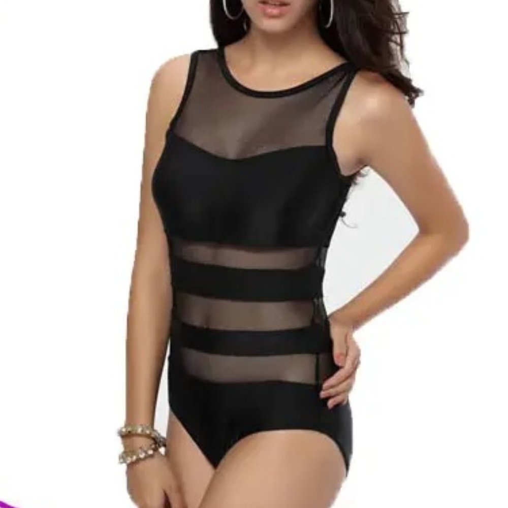 Striped Mesh One Piece Bikini Swimsuit Medium